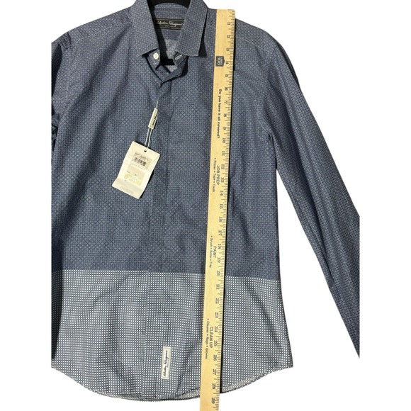 Salvatore Ferragamo Men's City Fit Blue Pattern Shirt 100% Cotton Made in Italy - Picture 8 of 12